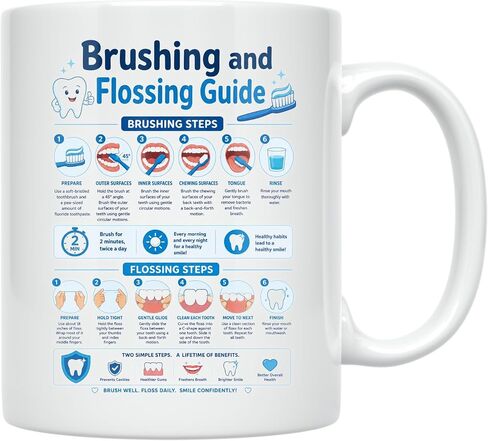 Dental Hygiene Mug - Brushing And Flossing Guide - 11 oz Ceramic | This 11 oz white ceramic mug features double-sided printing for easy reading. in Kuwait