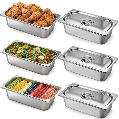 6 Pack 1/3 Size Hotel Pan with Lids, 4'' Deep Steam Table Pan Stainless Steel Commercial Food Storage Containers Stackable Metal Steamer Pan for Hotel Home Party Buffet, Dishwasher Safe in Kuwait