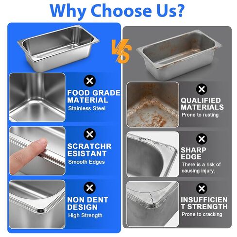 6 Pack 1/3 Size Hotel Pan with Lids, 4'' Deep Steam Table Pan Stainless Steel Commercial Food Storage Containers Stackable Metal Steamer Pan for Hotel Home Party Buffet, Dishwasher Safe in Kuwait