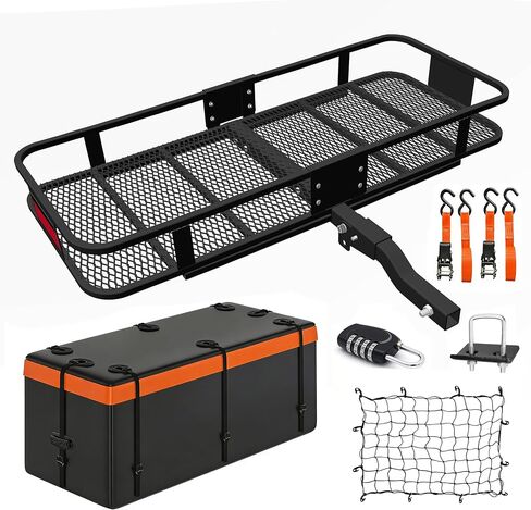 KEIKI Heavy Duty Folding Hitch Mount Cargo Carrier | 500lbs Folding Hitch Cargo Carrier Basket with Stabilizer, Waterproof Bag, Net, Straps, Lock for SUV Pickup, Black in Kuwait