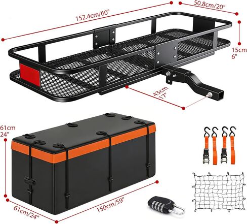 KEIKI Heavy Duty Folding Hitch Mount Cargo Carrier | 500lbs Folding Hitch Cargo Carrier Basket with Stabilizer, Waterproof Bag, Net, Straps, Lock for SUV Pickup, Black in Kuwait