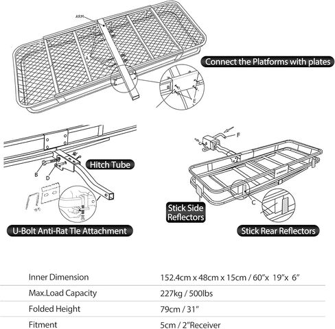 KEIKI Heavy Duty Folding Hitch Mount Cargo Carrier | 500lbs Folding Hitch Cargo Carrier Basket with Stabilizer, Waterproof Bag, Net, Straps, Lock for SUV Pickup, Black in Kuwait