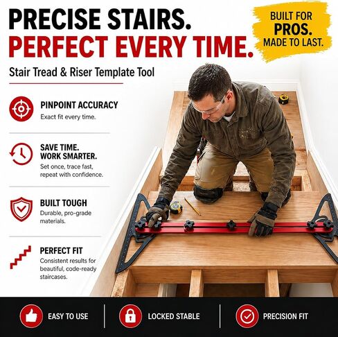 Stair Tread Template Tool, Dual-Nut Locking Aluminum Stair Jig with 2 Stair Gauges, 9.5-60 In Length Angle Adjustable Measuring Gauge for Stairs, Risers, Shelves in Kuwait