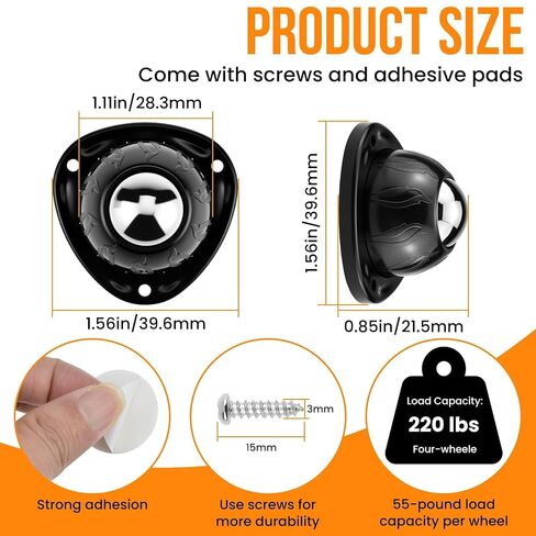 Aifeier ET Stainless Steel Caster Wheels | Universal Self Adhesive Swivel Ball Casters | 55 LBS Load Capacity Per Wheel | Large Profile Appliance Rollers for Furniture, Large Appliances (8PCS, Black) in Kuwait