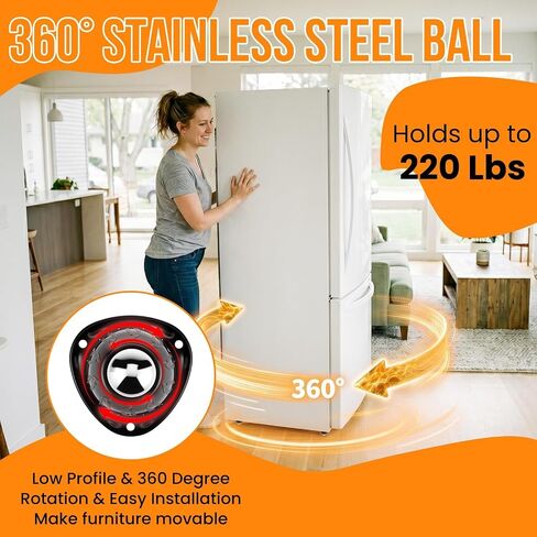 Aifeier ET Stainless Steel Caster Wheels | Universal Self Adhesive Swivel Ball Casters | 55 LBS Load Capacity Per Wheel | Large Profile Appliance Rollers for Furniture, Large Appliances (8PCS, Black) in Kuwait