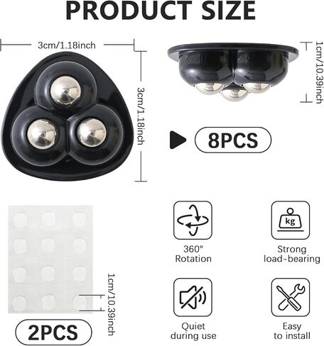 8-Pack Self Adhesive Appliance Casters, 360° Swivel Mini Appliance Rollers, Stick-On Sliding Wheels for Coffee Maker, Stand Mixer and Storage Box (Black) in Kuwait