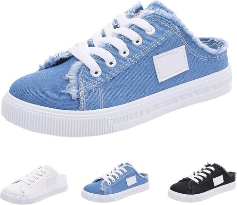 Women Canvas Mules Fashion Casual Slip on Solid Color Canvas Slippers Summer Lightweight Closed Toe Open Back Low Top and Lace up Walking Shoes Classic Comfort Flats in Kuwait