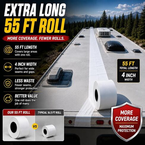 Trazon RV Roof Seal Tape 4 Inch x 55 Ft White - Professional Grade Butyl Sealant for RVs, Campers, Motorhomes, Trailers - Waterproof, UV Resistant, Easy DIY Leak Repair for Roofs, Vents, Windows in Kuwait