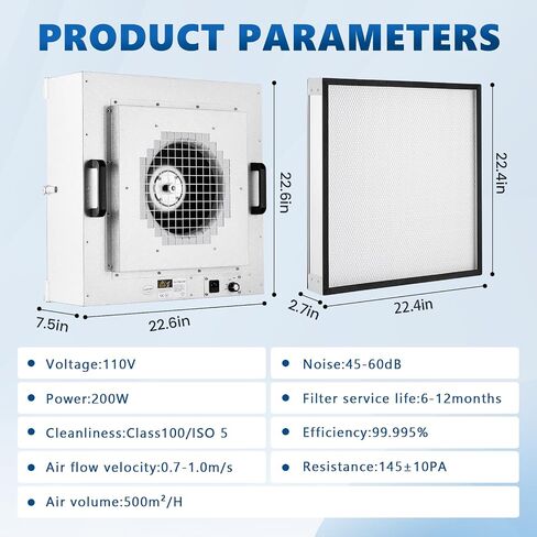 FFU Fan Filter Unit with H14 HEPA Filter, 22.6x22.6in Laminar Flow Hood, Class 100/ISO 5, 110V Adjustable Speed Air Purifier for Mycology, Laboratory & Clean Room in Kuwait