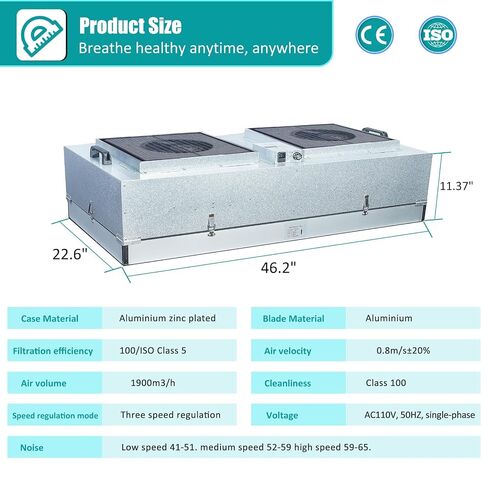 غطاء التدفق الصفحي لمرشح HEPA H14-FFU وحدة مرشح المروحة المحدثة (يتضمن فلتر HEPA) 100/ISO فئة 5 غرفة الأبحاث/المختبر/غرفة الأبحاث/غرفة الفطر، غطاء تدفق الهواء الصفحي (46.2 بوصة × 22.6 بوصة، آلة مزدوجة) in Kuwait