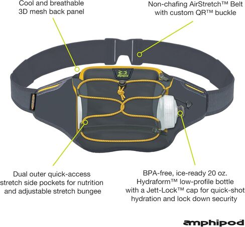 Amphipod Full-Tilt AirStretch Trail Off-Road Bottle Pack, Ergonomic Hydration & Storage for Trail, Road Runners & Walkers - Slate/Solar Yellow - OSFM in Kuwait