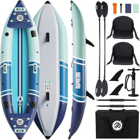 Niphean نفخ قوارب الكاياك 2 شخص، 12'6 "Tandem Kayak بسعة 500 رطل، تصميم ثابت من 3 غرف، أرضية بغرز متدلية، مع حوامل لصيد الأسماك، قاعدة كاميرا، مقاعد قوارب الكاياك للبحيرات، والتجول، وصيد الأسماك in Kuwait