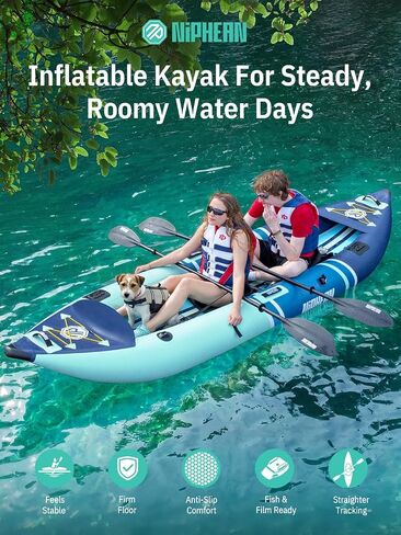 Niphean نفخ قوارب الكاياك 2 شخص، 12'6 "Tandem Kayak بسعة 500 رطل، تصميم ثابت من 3 غرف، أرضية بغرز متدلية، مع حوامل لصيد الأسماك، قاعدة كاميرا، مقاعد قوارب الكاياك للبحيرات، والتجول، وصيد الأسماك in Kuwait