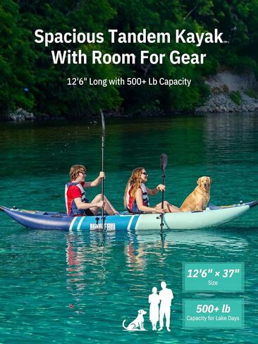 Niphean نفخ قوارب الكاياك 2 شخص، 12'6 "Tandem Kayak بسعة 500 رطل، تصميم ثابت من 3 غرف، أرضية بغرز متدلية، مع حوامل لصيد الأسماك، قاعدة كاميرا، مقاعد قوارب الكاياك للبحيرات، والتجول، وصيد الأسماك in Kuwait