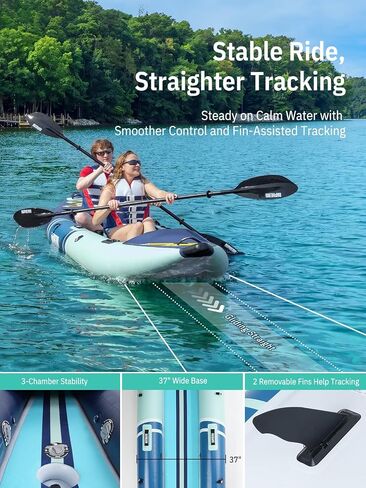 Niphean نفخ قوارب الكاياك 2 شخص، 12'6 "Tandem Kayak بسعة 500 رطل، تصميم ثابت من 3 غرف، أرضية بغرز متدلية، مع حوامل لصيد الأسماك، قاعدة كاميرا، مقاعد قوارب الكاياك للبحيرات، والتجول، وصيد الأسماك in Kuwait