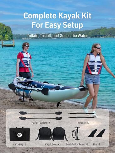 Niphean نفخ قوارب الكاياك 2 شخص، 12'6 "Tandem Kayak بسعة 500 رطل، تصميم ثابت من 3 غرف، أرضية بغرز متدلية، مع حوامل لصيد الأسماك، قاعدة كاميرا، مقاعد قوارب الكاياك للبحيرات، والتجول، وصيد الأسماك in Kuwait
