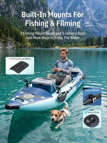 Niphean نفخ قوارب الكاياك 2 شخص، 12'6 "Tandem Kayak بسعة 500 رطل، تصميم ثابت من 3 غرف، أرضية بغرز متدلية، مع حوامل لصيد الأسماك، قاعدة كاميرا، مقاعد قوارب الكاياك للبحيرات، والتجول، وصيد الأسماك in Kuwait
