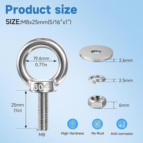 Aheucndg Heavy Duty Eye Bolts with Nuts, 304 Stainless Steel Eye Bolt x 4Pack, for Patio Swing, Hammock, Gym, Hanging Clotheslines and Hang Tie Down Outdoor (5/16"x1"xM8) in Kuwait