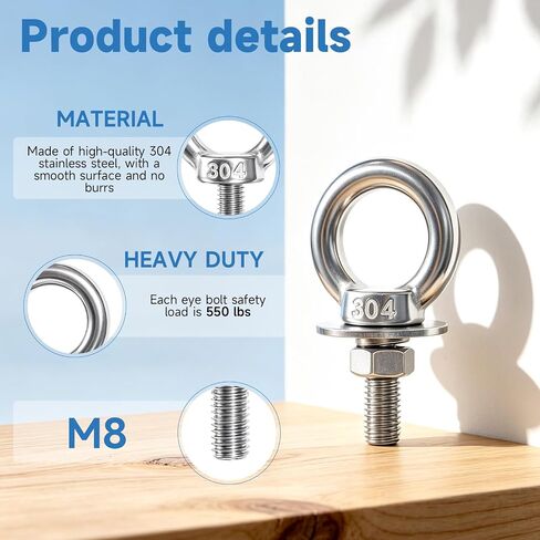 Aheucndg Heavy Duty Eye Bolts with Nuts, 304 Stainless Steel Eye Bolt x 4Pack, for Patio Swing, Hammock, Gym, Hanging Clotheslines and Hang Tie Down Outdoor (5/16"x1"xM8) in Kuwait