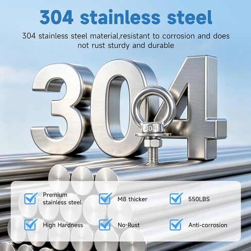 Aheucndg Heavy Duty Eye Bolts with Nuts, 304 Stainless Steel Eye Bolt x 4Pack, for Patio Swing, Hammock, Gym, Hanging Clotheslines and Hang Tie Down Outdoor (5/16"x1"xM8) in Kuwait
