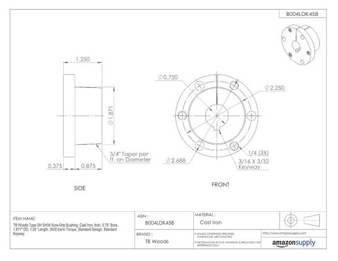 TB Woods Type SH SH34 Sure-Grip Bushing, Cast Iron, Inch, 0.75" Bore, 1.871" OD, 1.25" Length, 3500 lbs/in Torque, Standard Design, Standard Keyway in Kuwait
