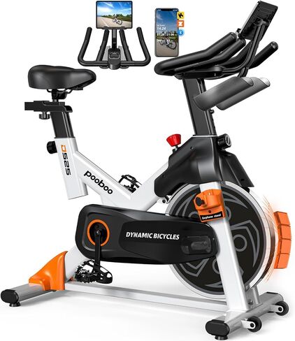 pooboo Exercise Bike, Brake Pad Stationary Bike for Home with Exclusive App, Adjustable Resistance Quiet Indoor Cycling Bike with 350lbs Weight Capacity Extra Comfort Seat,Indoor Cycling Spin Bike Workout Bike with Tablet Holder and Fitness Courses for We in Saudi Arabia