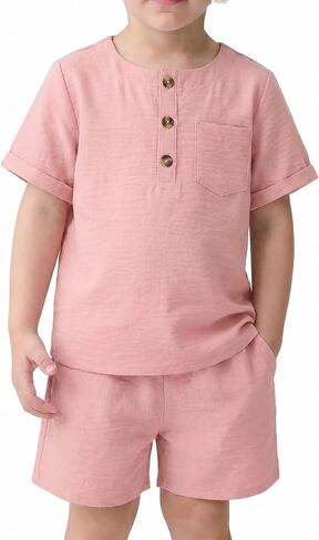 Arshiner Toddler Boy Summer Outfits Short Sleeve Henley T-Shirt & Shorts Set with Pocket for 2-8 Years Kids in Kuwait