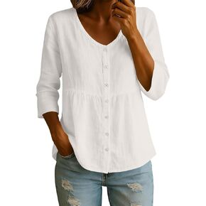 Linen Tops for Women Summer Button Down V Neck Blouse 3/4 Sleeve Ruffled Hem Casual Loose Fit Linen Shirts in Kuwait