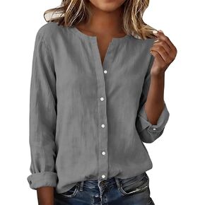 Linen Blouses for Women Summer Stand Collar Button Down Blouse Long Sleeve Rolled Cuffs Casual Loose Fit Linen Tops in Kuwait