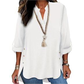 Fashion Women's Long Sleeve V-Neck Button Shirt Pullover Casual Top with Side Slit for Daily Outfit in Kuwait