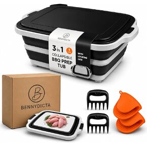 BBQ Prep Tub with Locking Lid & Cutting Board | Collapsible, Meat Prep Container with Drain Plug, Meat Shredder Claws & BBQ Mitts, Portable Grill Tub in Saudi Arabia
