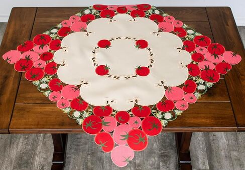 LINENS ART AND THINGS، تصميم طماطم أحمر ووردي مع أوراق خضراء مطرزة، قطعة مركزية للطاولة (مربع 33 بوصة) in Kuwait