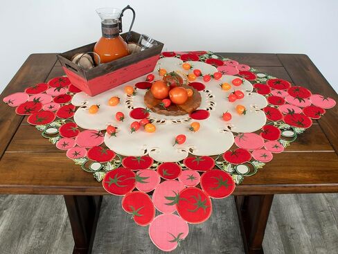 LINENS ART AND THINGS، تصميم طماطم أحمر ووردي مع أوراق خضراء مطرزة، قطعة مركزية للطاولة (مربع 33 بوصة) in Kuwait