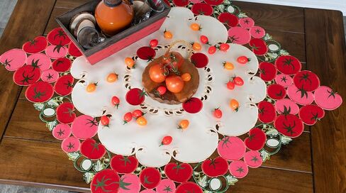 LINENS ART AND THINGS، تصميم طماطم أحمر ووردي مع أوراق خضراء مطرزة، قطعة مركزية للطاولة (مربع 33 بوصة) in Kuwait