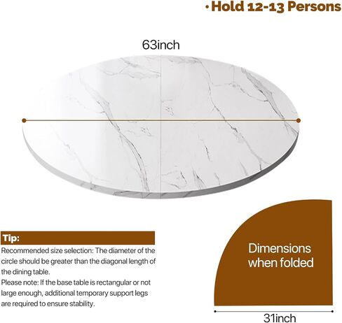 4-Fold Foldable Round Table Top Extender 47 51 55 59 63 71 79 inch Large Round Folding Table Top Only Wood Multipurpose Portable Tabletop Space Saving for Party Dining Easy to Store(White,63") in Saudi Arabia