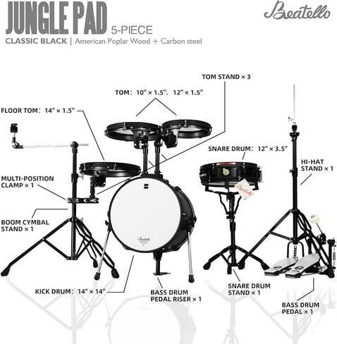 Jungle Pad Compact Portable Adult 5pc Drum Set, 1.5 inches ultra-thin steel drum Cavity,14 Inches Complete Full Size Kit with Bass, Toms, Snare, Floor,Stands, Hi-Hat Pedal,Drum Pedal,Black in Kuwait