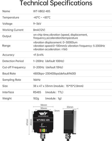 WitMotion WTVB02-485 IP68 مستشعر اهتزاز مقاوم للماء، Modbus 3 محاور (XYZ) إزاحة الاهتزاز (30000um) + السرعة (100 مم / ثانية) + السعة (180 درجة)، لتحليل الآلات (محول طاقة الاهتزاز متعدد التوصيلات) in Kuwait