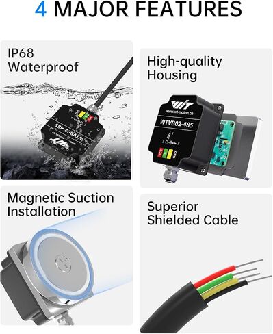 WitMotion WTVB02-485 IP68 مستشعر اهتزاز مقاوم للماء، Modbus 3 محاور (XYZ) إزاحة الاهتزاز (30000um) + السرعة (100 مم / ثانية) + السعة (180 درجة)، لتحليل الآلات (محول طاقة الاهتزاز متعدد التوصيلات) in Kuwait