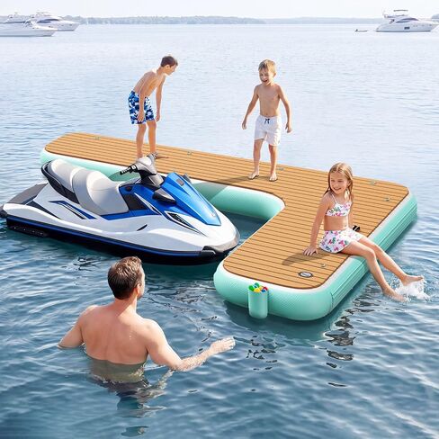 FBSPORT Inflatable Jet Ski Dock, 10ft/8ft Inflatable Floating Dock for Lake Ocean Pool, PWC Inflatable Dock Floating Platform, Non-Slip EVA Surface, Boat Fenders for Docking, T Shaped/L Shaped Design in Kuwait