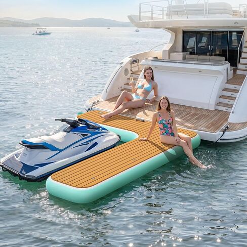 FBSPORT Inflatable Jet Ski Dock, 10ft/8ft Inflatable Floating Dock for Lake Ocean Pool, PWC Inflatable Dock Floating Platform, Non-Slip EVA Surface, Boat Fenders for Docking, T Shaped/L Shaped Design in Saudi Arabia