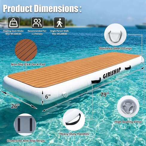 6.6FT/10FT Inflatable Gangway for Yachts, Heavy Duty Inflatable Dock Floating Platform, Non-Slip Floating Dock Deck Connect Boat to Shore, for Yacht Boats or Water Activities in Kuwait