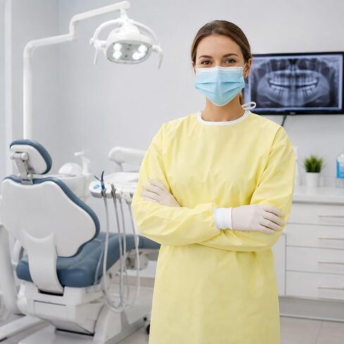 Reusable Level 1 Yellow Isolation Gown 50% Cotton / 50% Polyester Blend for Dentists, Hygienists, Doctors, Nurses and Medical Personnel - One Size (1) in Kuwait