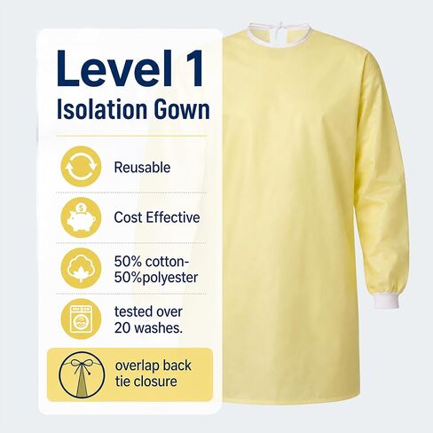 Reusable Level 1 Yellow Isolation Gown 50% Cotton / 50% Polyester Blend for Dentists, Hygienists, Doctors, Nurses and Medical Personnel - One Size (1) in Kuwait