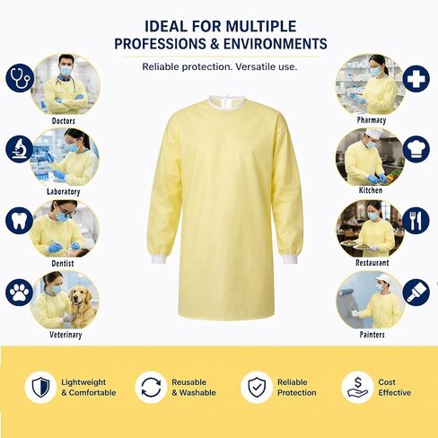 Reusable Level 1 Yellow Isolation Gown 50% Cotton / 50% Polyester Blend for Dentists, Hygienists, Doctors, Nurses and Medical Personnel - One Size (1) in Kuwait