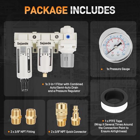 مجفف فلتر ضاغط الهواء 3/8 بوصة NPT مع منظم ضغط فلتر تصريف تلقائي وشبه تلقائي وشريط PTFE، ضاغط هواء وفاصل مياه ومنظمات فلتر مزيج الهواء 0-150 رطل لكل بوصة مربعة in Kuwait
