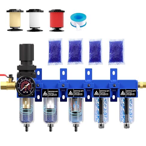 1/4'' NPT 5 Stage Air Dryer for Compressor,5 &0.5 &0.01 Micron Filter Cartridge,Double Desiccant Dryers,Semi-Auto Drain (Blue) in Kuwait
