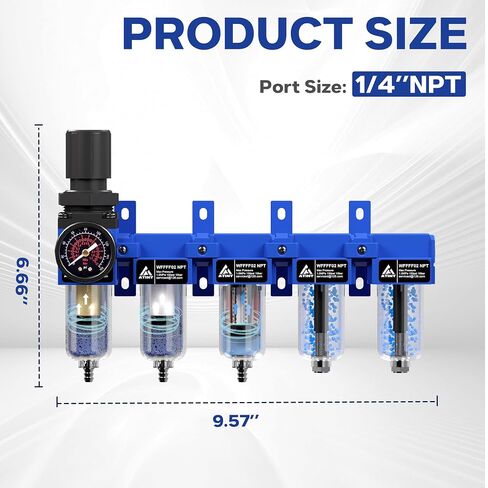 1/4'' NPT 5 Stage Air Dryer for Compressor,5 &0.5 &0.01 Micron Filter Cartridge,Double Desiccant Dryers,Semi-Auto Drain (Blue) in Kuwait