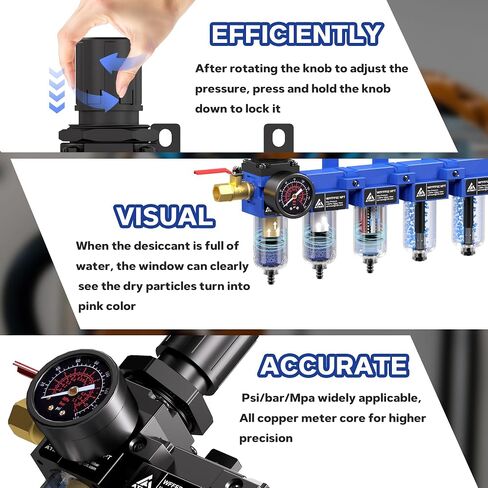 1/4'' NPT 5 Stage Air Dryer for Compressor,5 &0.5 &0.01 Micron Filter Cartridge,Double Desiccant Dryers,Semi-Auto Drain (Blue) in Kuwait