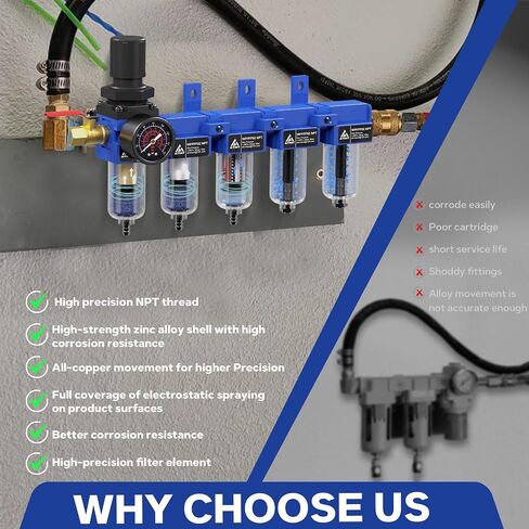 1/4'' NPT 5 Stage Air Dryer for Compressor,5 &0.5 &0.01 Micron Filter Cartridge,Double Desiccant Dryers,Semi-Auto Drain (Blue) in Kuwait