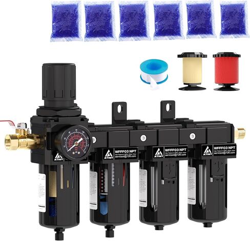 3/8'' NPT Air Dryer for Compressor, 4 Stage Air Drying System with Brass Filter, Coalescing Filter,Double Desiccant Dryers,Water Separator for Air Compressor with Brass Valve,Semi-Auto Drain in Kuwait